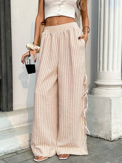 Pariaura Women's French Casual Side Slit Bow Tie Striped Wide Leg Pants