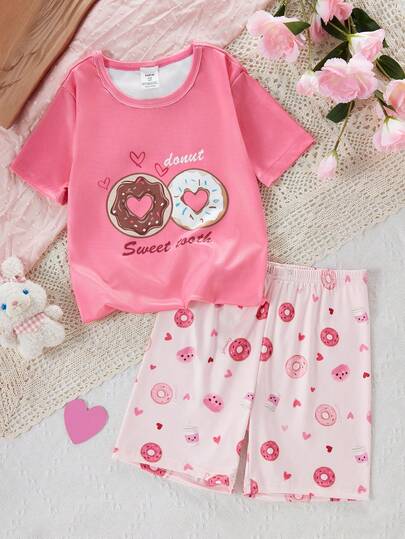 女童时尚可爱甜甜圈和咖啡杯爱心印花短袖上衣和短裤贴身睡衣套装