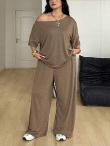SHEIN Coolane Women's Plus Size Summer Minimalist Streetwear Basic Daily Wear Going Out Sport Comfortable Off Shoulder Brown T-Shirt And Wide Leg Sweatpants Two Pieces Outfits Inclusive Sizing For Every Body - Brown - View 6