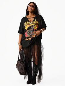 Coolane Áo thun nữ cỡ lớn mùa hè kiểu dáng thường ngày, in hình hổ và chữ, cổ khoét rỗng, vai rớt, dáng rộng. - màu đen - Xem 5