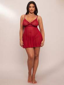 SHEIN BAE 2 件大码性感蕾丝拼布内衣套装 - 酒紅色 - 查看 3