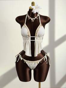 Zestiva Bộ bikini hai mảnh dành cho nữ, chất liệu vải có họa tiết, kiểu cổ yếm và thắt eo, thích hợp cho các buổi tiệc bãi biển hoặc kỳ nghỉ. - Màu be - Xem 3