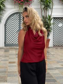 Jeta Ari 杏色垂坠领口系带简约优雅女式衬衫 - 酒紅色 - 查看 4