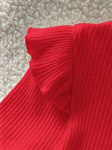 Cozy Pixies 女婴纯色柔软针织荷叶边圆领短袖上衣 - 紅色 - 查看 3