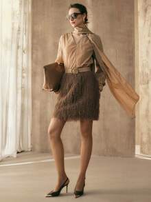 Arave Women's Knit Fabric Fringe Fluffy Waist-Cinched A-Line Casual Design Modern Party Elegant Date Night Midi/Skirt - Camel - View 3