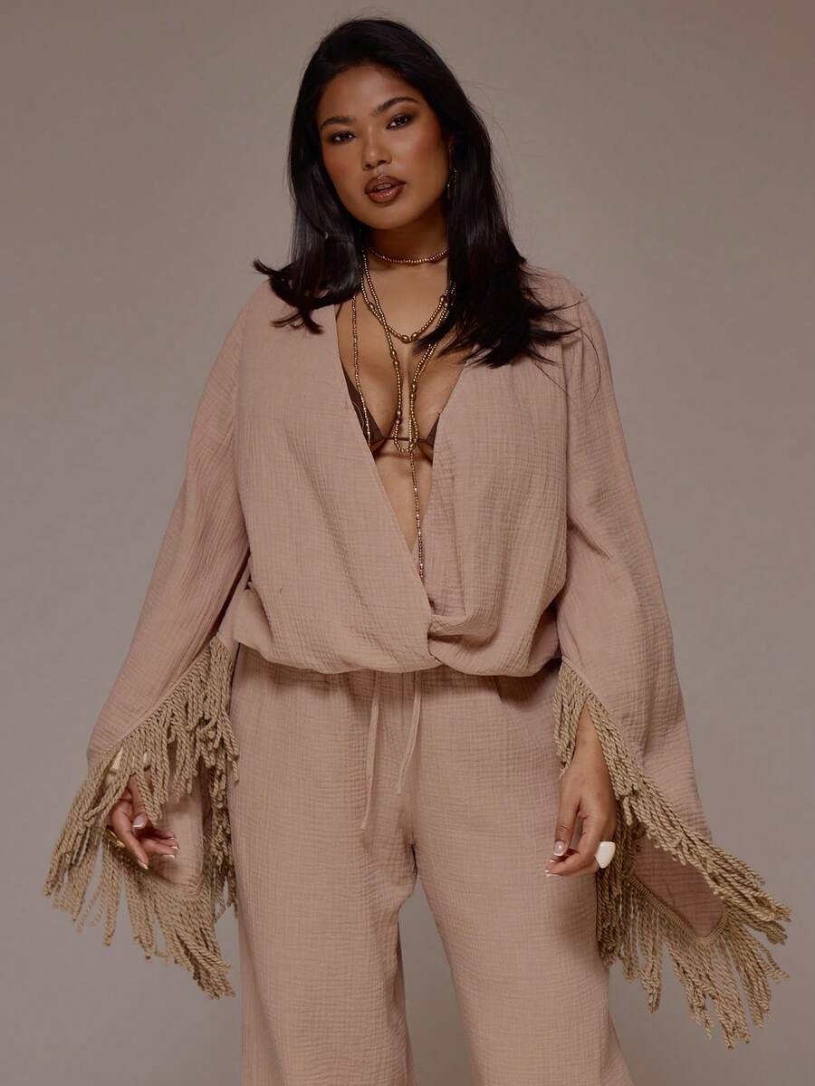 MUSERA Plus Size Cheesecloth Plunge Wrap Front Fringed Long Sleeve Top,Dusty Pink,Autumn,Boho,Vacation,Holiday Beach Elegant Ibiza Festival Tajine Y2K Social - Apricot - View 1