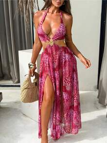 Bonvoyette Women's Vacation Beach Leopard Print Backless Halter Cover Up - Blue - View 4