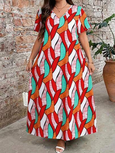 Breezaya Vestido de manga corta con cuello redondo y estampado floral para mujer de talla grande, elegante y adecuado para uso diario