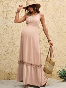 Boho Mama Pregnant Women's Ruched Waist Elegant Round Neck Casual Dress For Vacation & Daily Wear - Khaki - View 7