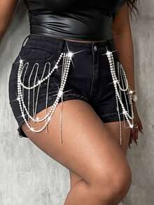 Slaydiva Plus Size Pearl Chain Decor Distressed Denim Shorts Party Luxury Diamond Sparkling Pearl Shiny - Black - View 1
