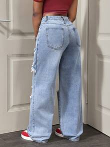 Slaydiva Quần jeans nữ dáng suông, phong cách thường ngày, bạc màu và rách. - Rửa nhẹ - Xem 2