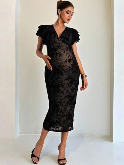 MaterniChic Elegant Floral Flocked Ruffle V-Neck Maternity Dress, Summer Pregnancy Photoshoot  Black Maternity Dress Lace Maternity Dress Pregnancy Photoshoot Dress Baby Shower Elegant Dresses Wedding Guest Dress