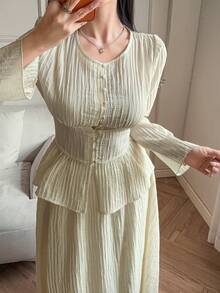 DAZY Women's Summer Vacation Round Neck Petal Sleeve Crop Top And Casual Long Skirt 2 Pieces Set - Beige - View 5