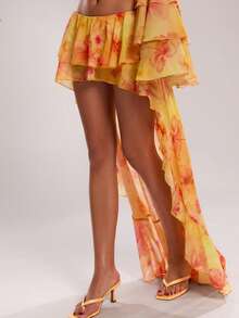 SHEIN BAE 女士春夏休闲度假印花荷叶边不对称下摆半身裙，沙滩度假裙，适合海滩度假、休闲度假，优雅法式风格半身裙，优雅休闲半身裙 - 黃色 - 查看 3