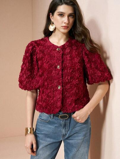 Arave Women's Knit Petal Sleeve Round Neck Floral Casual Chic Short Sleeve Top