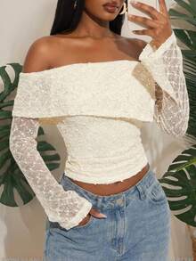 SHEIN SXY Áo kiểu nữ cỡ lớn, thanh lịch, màu mơ, chất liệu vải lưới, đính sequin, trễ vai, tay dài, ôm sát, thời trang, sang trọng, gợi cảm, thích hợp cho kỳ nghỉ, ngày Valentine, đám cưới, cổ điển, tiệc tùng, dạ hội, đi chơi, xuân hè, thanh lịch, lễ hội, phong cách boho, thường ngày, lễ hội, đường phố. - Nhiều màu - Xem 10