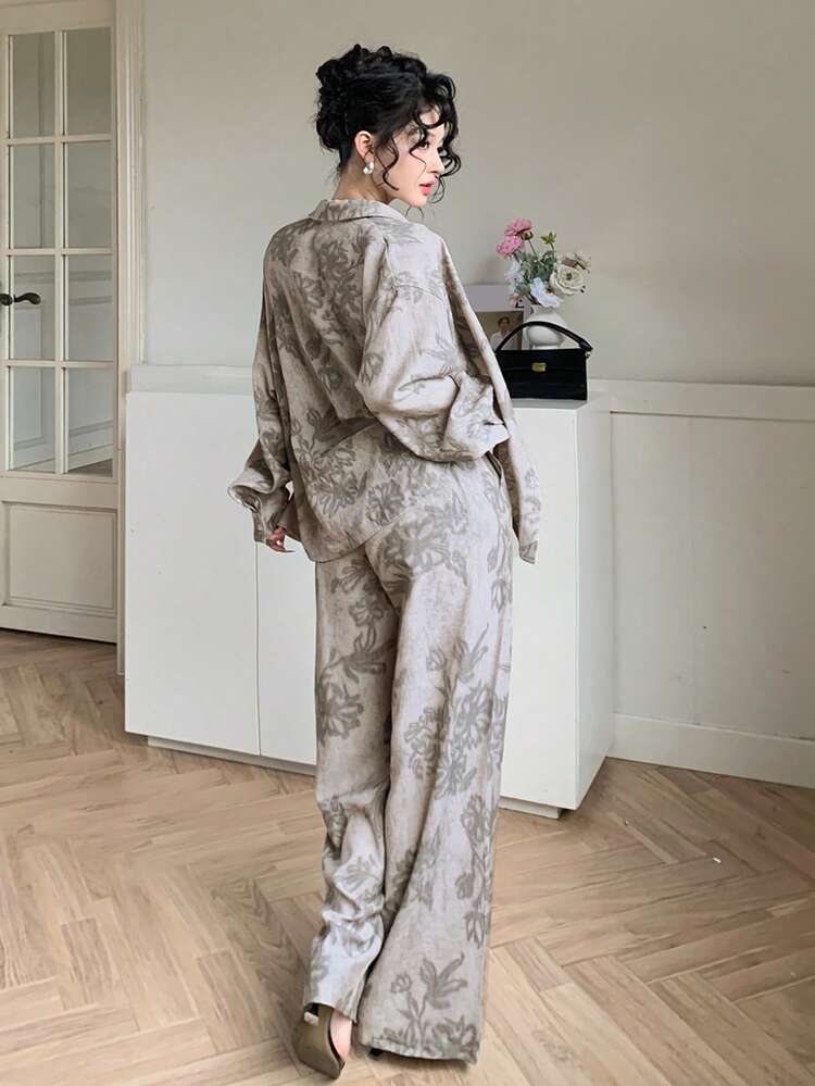 Women's Floral Print Lapel Single-Breasted Long Sleeve Top And Wide Leg Pants Casual 2 Pieces Set