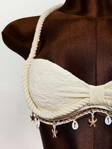 Mistrie Áo tank top nữ phong cách Bohemian đi nghỉ mát biển, trang trí vỏ sò và ngôi sao - Màu be - Xem 5