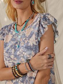Wildy Blue Floral Summer Boho Vacation Holiday Women's Vintage Pattern Print Mini Dress,Casual Western Country Cowgirl Coachella Music Festival Outfits - Multicolor - View 4