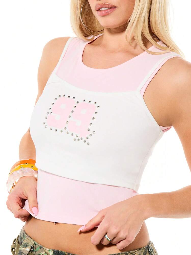 SUMWON Women's Studded Rhinestone Logo Tank Top With Color Block Pink White Design Summer Fashion Sleeveless Cami