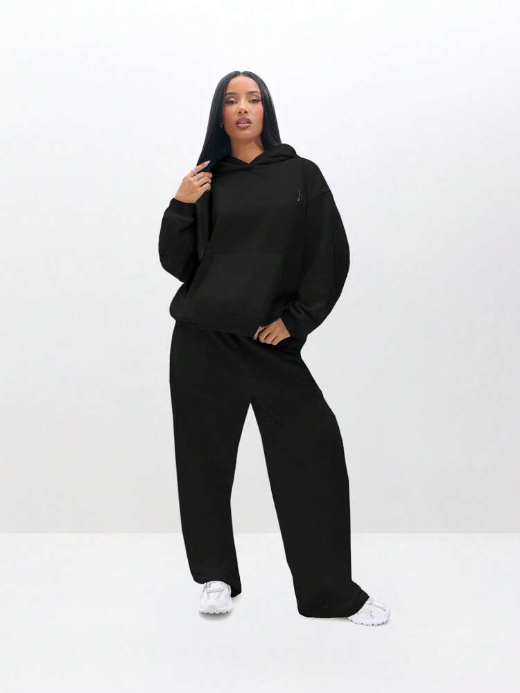 BABYPHAT Bluza w dużym rozmiarze w kolorze czarnym z ozdobnym wzorem ze strasami, długi rękaw, kaptur, wygodna zimowa odzież na co dzień