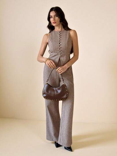 SHEIN Tall Brown Vintage Houndstooth Single-Breasted Vest And Pants Casual Commuter 2 Pieces Set, Fall Office Fashion Tweed Two Piece Set