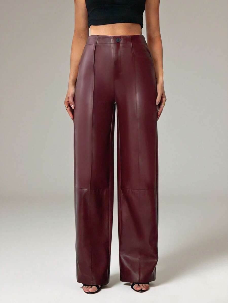 SHEIN Tall 女士酒红色皮质长裤，简约前开襟纽扣设计，日常休闲百搭，女士下装 - 酒紅色 - 查看 1