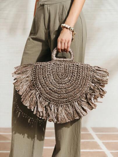 SHECARRY Ladies, Women Top Handle Bags, Straw Bag, Tassel, Fashionable, Elegant, Simple, Personalized, For Beach, Vacation, Holiday, Summer, Seaside