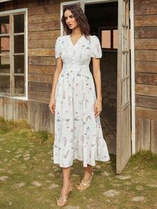 Gaivellea 女士夏季法式优雅休闲设计蕾丝拼接V领短袖收腰长款纹理印花休闲连衣裙 女士碎花中长连衣裙 优雅碎花连衣裙 - 白色 - 查看 6