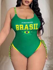 Slaydiva Áo tắm liền thân màu vàng xanh dành cho nữ cỡ lớn hiệu BRASIL, kiểu buộc dây, thích hợp cho kỳ nghỉ biển. - màu xanh lá - Xem 1