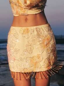 Opulessa Summer Spring Going Out Festival Party Wedding Graduation Prom Elegant Women's Vacation Beach Beaded Floral Sequin Mesh Tassel Hem Skirt - Yellow - View 1