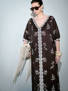 Lumivelle 女士V领半袖印花宽松连衣裙，带口袋，春夏款 - 棕色 - 查看 1