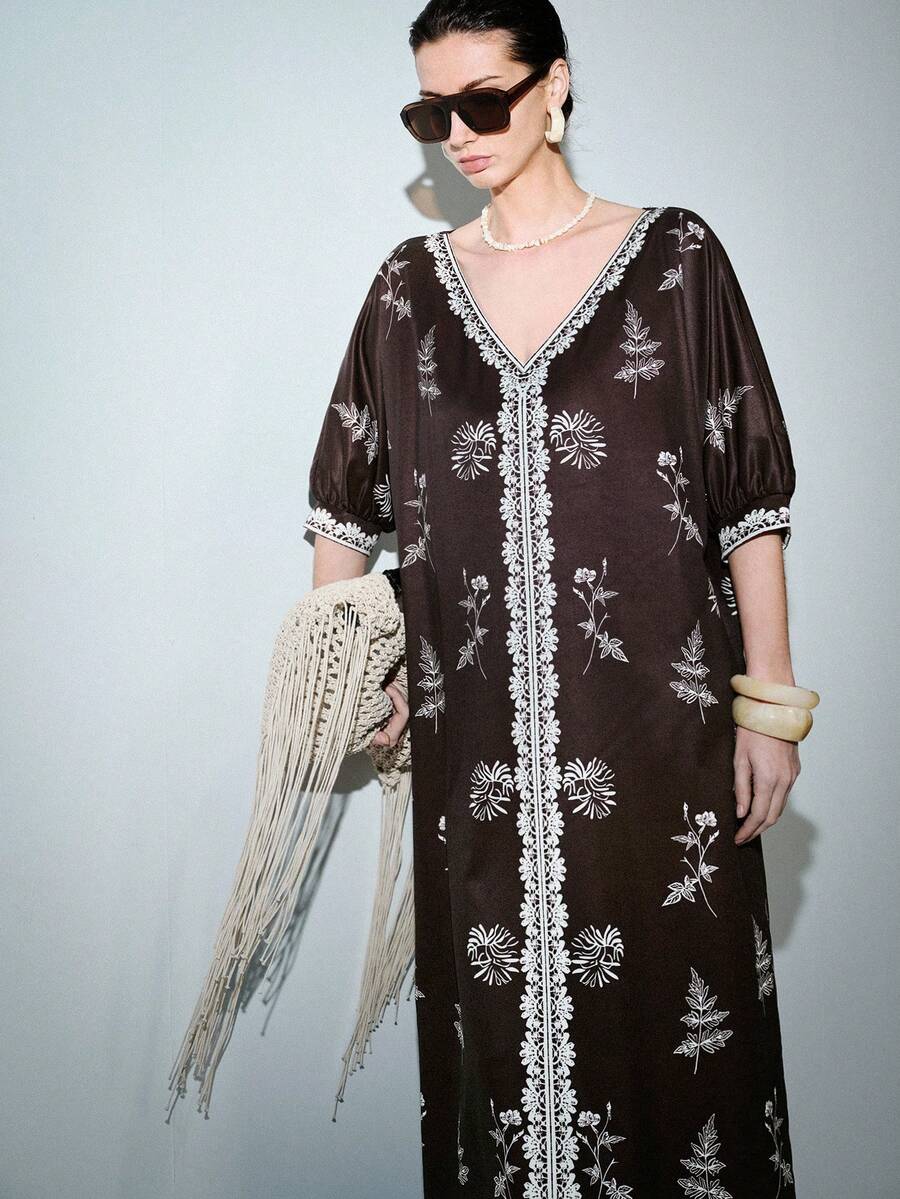 Lumivelle 女士V领半袖印花宽松连衣裙，带口袋，春夏款 - 棕色 - 查看 1