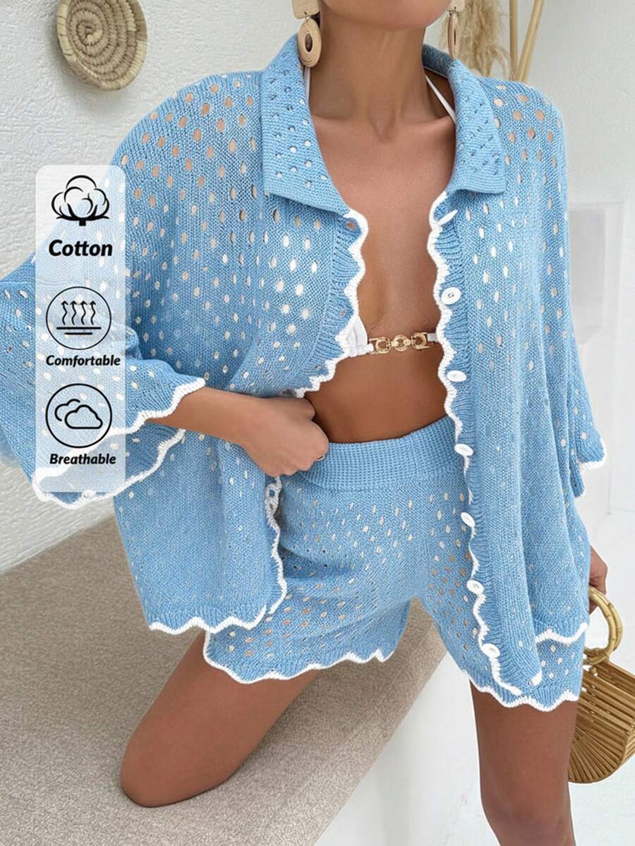 EURMUSE Women Solid Color Front Button Collar Neck Shirt & Sweater Short Set - Baby Blue - View 1
