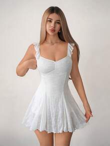 Sweetina Đầm ngắn nữ thanh lịch, thêu hoa, xếp ly eo, thích hợp cho hẹn hò và tiệc tùng. - trắng - Xem 3