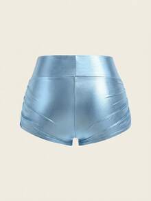 SHEIN EZwear 女士纯色时尚褶皱浅蓝色打底裤 - 淺藍色 - 查看 2