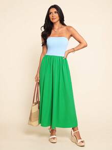 Vivid Eden 女士休闲优雅浪漫日常度假撞色连衣裙，无肩带连衣裙，女士蓝色连衣裙和绿色连衣裙，春夏款 - 綠色 - 查看 12