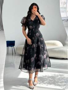 Modelyn 女士优雅通勤印花花瓣袖连衣裙 - 彩色 - 查看 6