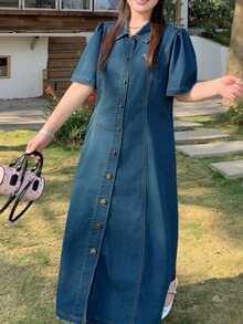 Dazy Plus 蝴蝶字母刺绣图案休闲复古水洗牛仔连衣裙，收腰翻领短袖长款牛仔连衣裙，春夏款 - 中等水洗藍 - 查看 6