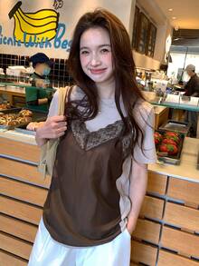 DAZY 女士二合一长袖T恤，韩版，春秋季 - 咖啡棕 - 查看 7