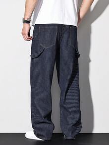 Manfinity Homme Spring & Summer Casual Dark Washed Blue Straight Loose Striped Knee Ripped Jeans - Blue - View 2