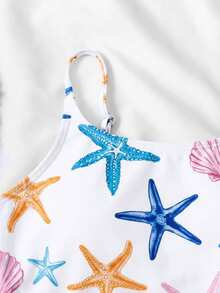 SHEIN 少女蓝白度假风碎花侧边蝴蝶结装饰休闲连体泳衣带罩裙 - 彩色 - 查看 5