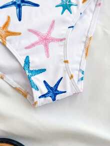 SHEIN 少女蓝白度假风碎花侧边蝴蝶结装饰休闲连体泳衣带罩裙 - 彩色 - 查看 6