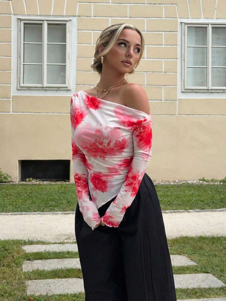 Jeta Ari Women Asymmetrical Hem One Shoulder Spring/Summer T-Shirt - Hot Pink - View 1