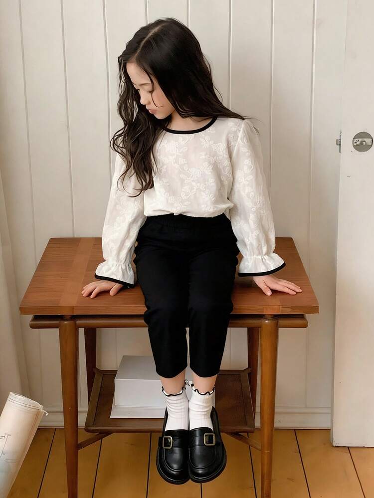 DAZY Young Girls Textured Floral Casual Colorblock Round Neck Long Sleeve Shirt, Spring/Autumn - White - View 5