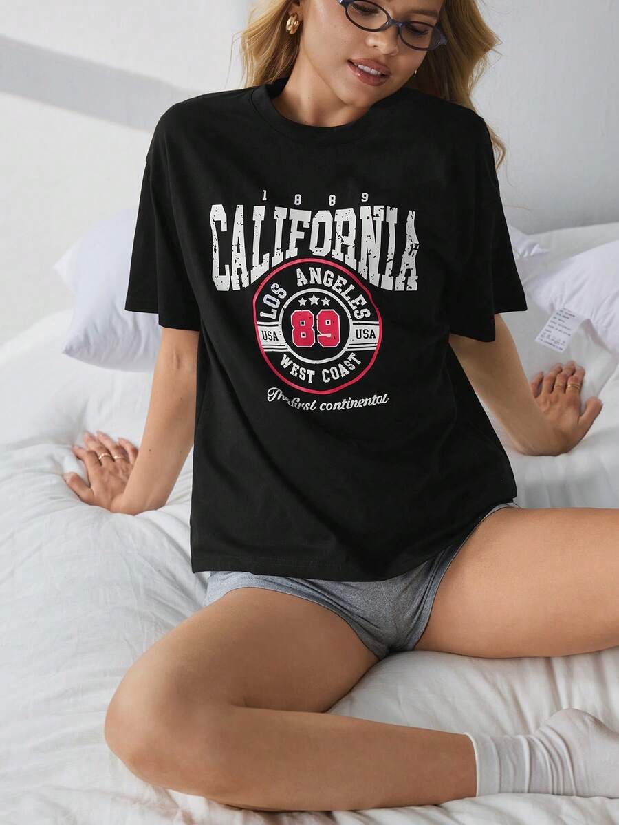 HautHeat 女士字母印花短袖家居服上衣 - 黑色 - 查看 1