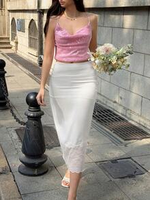 MainGRL Chân váy ren phối màu nâu tương phản dành cho nữ - trắng - Xem 6