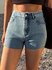 DAZY 女士休闲水洗毛边修身牛仔短裤，夏季 - 中等水洗藍 - 查看 4