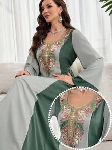 Al Najma 女士复古撞色拼接U领收腰长款束腰上衣，传统阿拉伯风格 - 彩色 - 查看 1
