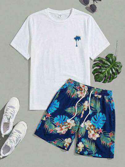 SHEIN Teen Boys Coconut Tree & Island Print Short Sleeve Top And Shorts Set, Casual, Comfortable, Fashionable, Versatile, Cute, Soft, Suitable For Daily Wear, School, Travel, Island Vacation